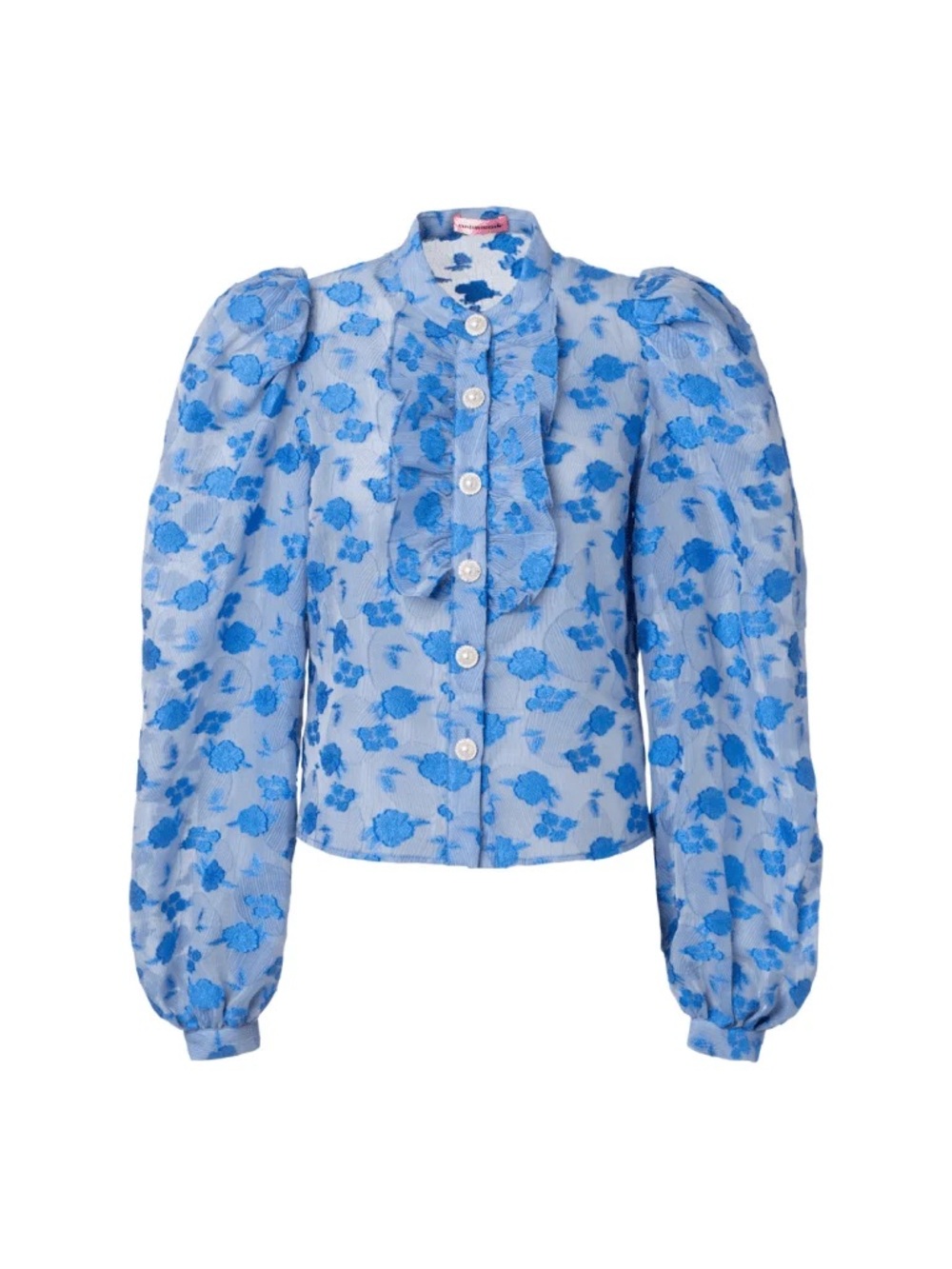 custommade Dolina Blouse Blue 3D Floral Pearl Button Puff Sleeve Shirt SZ XS